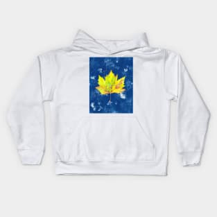 Yellow watercolour autumn leaf on a blue cyanotype background Kids Hoodie